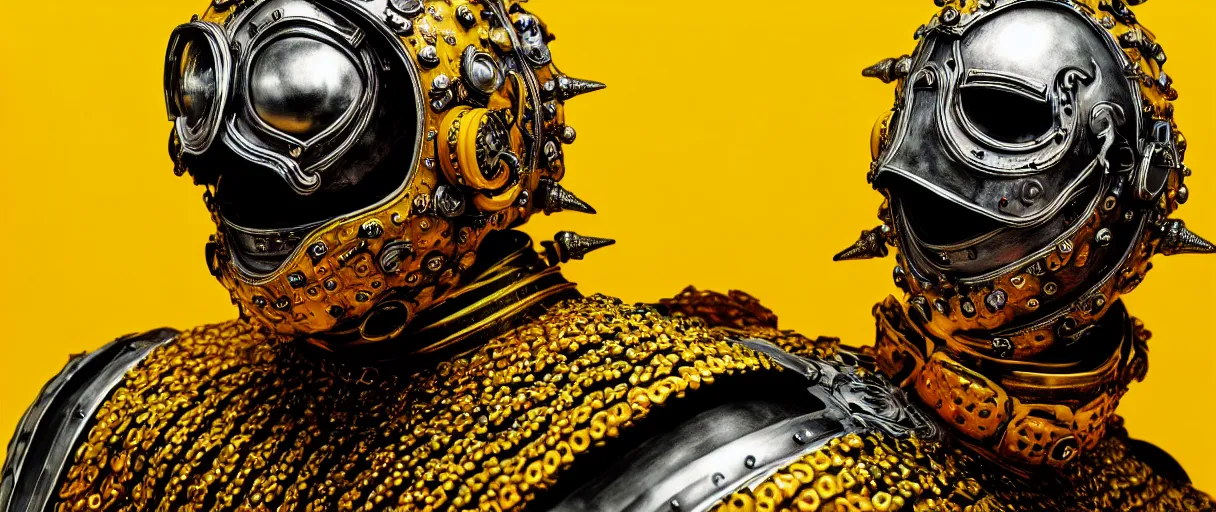 Prompt: hyperrealist highly detailed english medieval portrait of high fashion monster wearing car part yellow cab armor, radiating atomic neon corals, concept art pascal blanche dramatic studio lighting 8k wide angle shallow depth of field