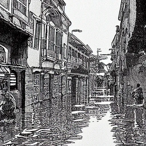 Image similar to water flowing through the streets in an old city, drawing by moebius