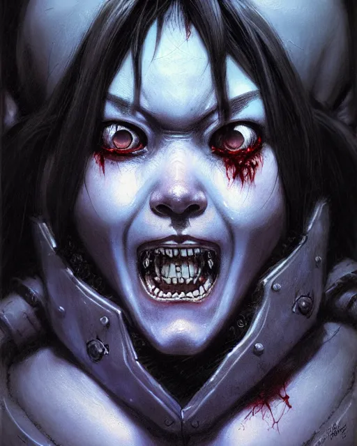 Image similar to mei from overwatch, evil, crazed look in her eyes, ice, col, frostbite, character portrait, portrait, close up, concept art, intricate details, highly detailed, horror poster, horror, vintage horror art, realistic, terrifying, in the style of michael whelan, beksinski, and gustave dore