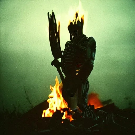 Image similar to cinestill of a xenomorph backlit by a bonfire at night