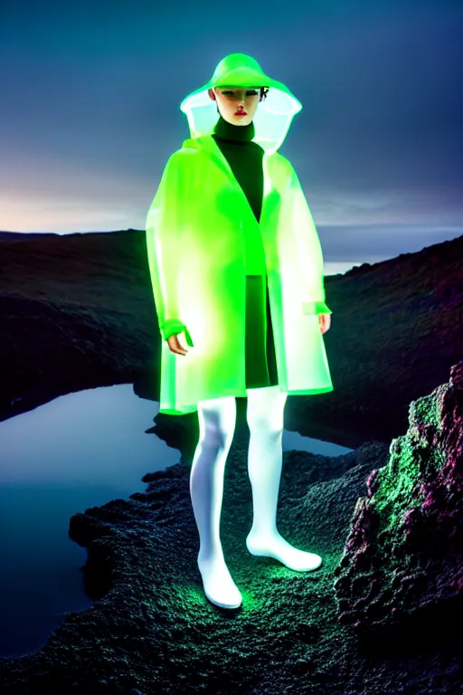 Image similar to an ultra high definition professional high fashion portrait studio full length photograph of a model wearing a transparent pearlescent raincoat and neon visor in an icelandic black rock environment at dawn. no artefacts. extremely detailed. stark. refraction. shallow depth of field. volumetric light and shadow. ray tracing. light rays.