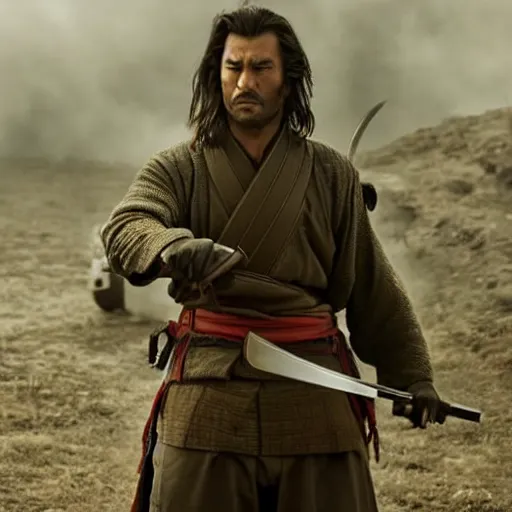 Image similar to handsome and strong kurdish samurai wielding a katana in a movie directed by christopher nolan, movie still frame, promotional image, imax 7 0 mm footage, perfect symmetrical facial features