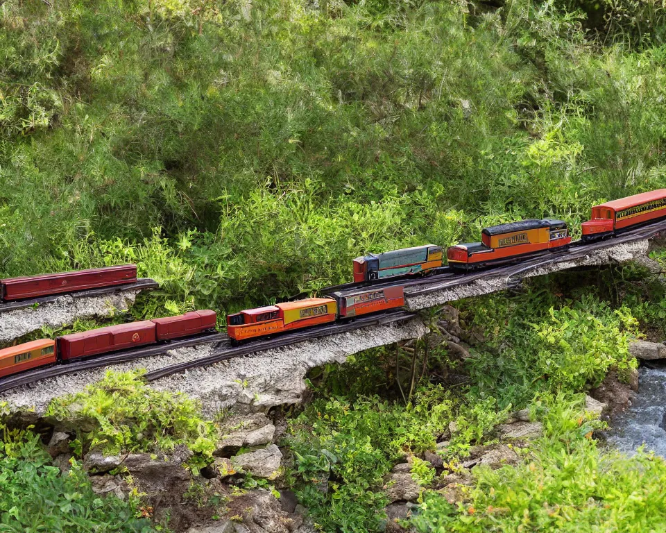 Prompt: close-up, hi-res photo of miniature model train crossing a trestle over a garden creek.