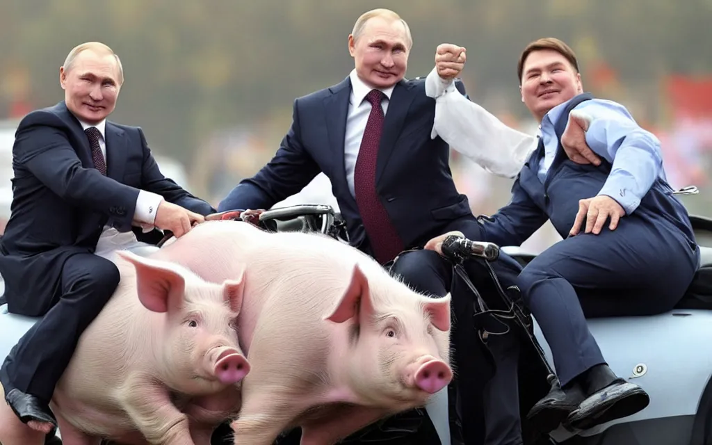 Image similar to vladimir putin riding on alexander lukashenka as pig