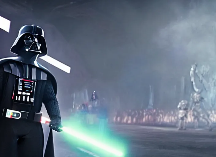 Image similar to film still of Darth Vader goes to a rave in the new Star Wars movie, 4k