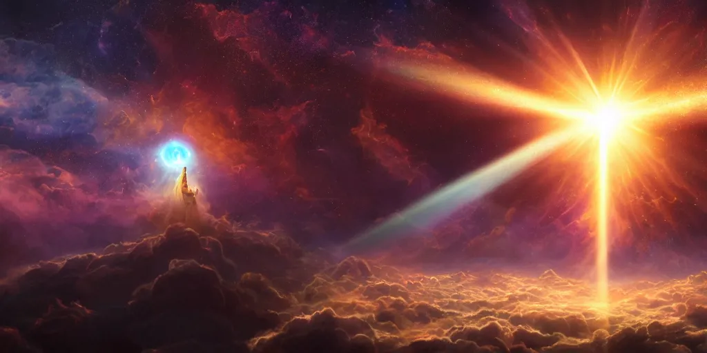 Image similar to Cosmic inflation bubbles peaking through the clouds, ascended master floating in the center emitting rays of consciousness concept art, matte painting, 8k, highly detailed, artstation, light being, high quality,