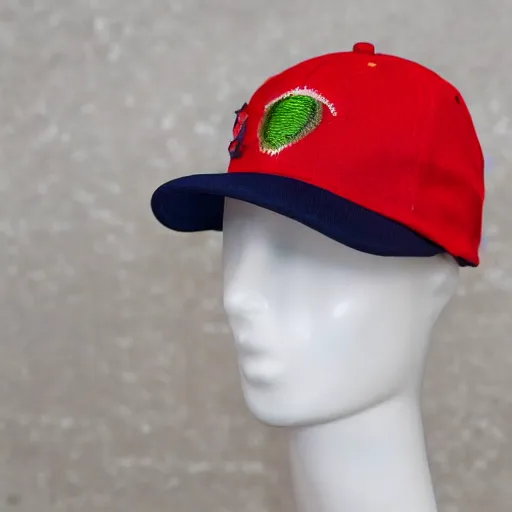 Prompt: a product marketing display of a baseball cap with luna moth embroidery covering the surface