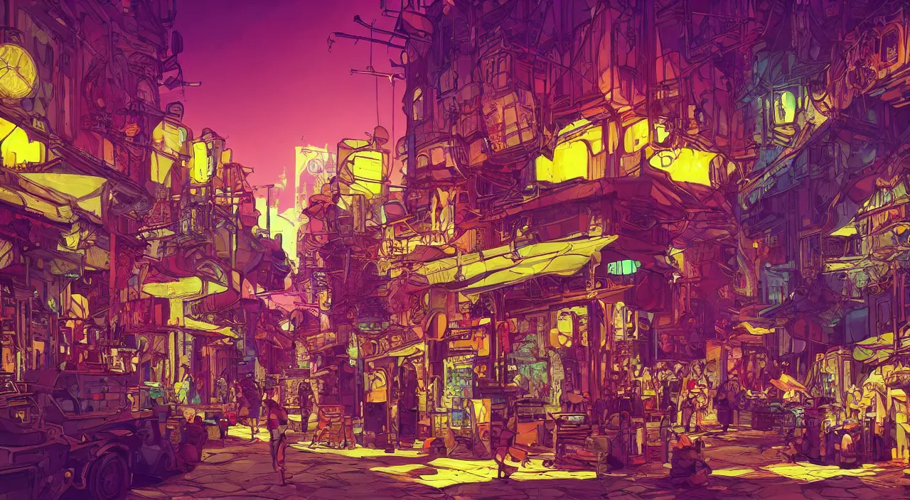 Image similar to bazaar zouk oriantal full color sky shine place mosquet painting stylized digital illustration video game icon global illumination ray tracing that looks like it is from borderlands and by feng zhu and loish and laurie greasley, victo ngai, andreas rocha, john harris