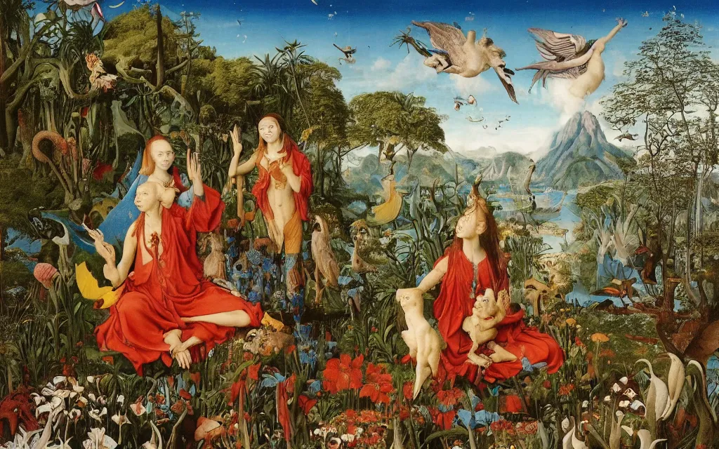 Image similar to a portrait photograph of a meditating harpy and a centaur king feeding tropical animals at a wide river delta. surrounded by bulbous flowers, animals, trees and mushrooms. mountain range under a vast blue sky of burning stars. painted by jan van eyck, max ernst, ernst haeckel and artgerm, cgsociety, artstation, fashion editorial