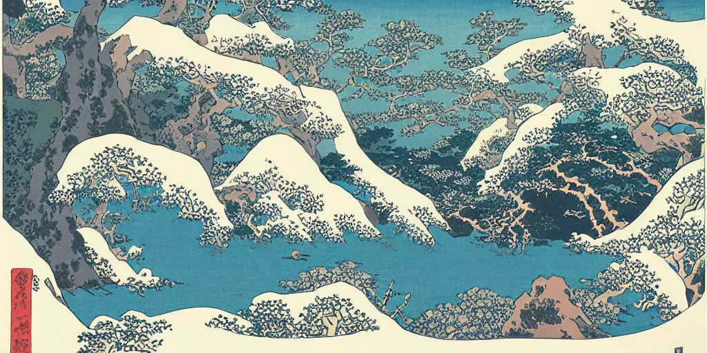 Prompt: beautiful idyllic poster illustration for a craggy snow valley national park, no trees, by hokusai