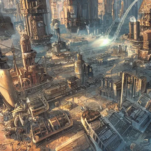 Image similar to steampunk city, war, space, future, ultra realistic