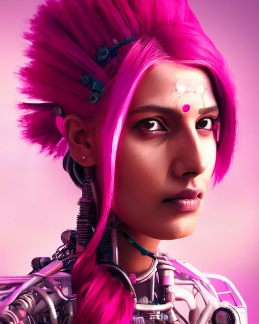 Prompt: portrait of a beautiful indian woman with pink hair as a cyberpunk cyborg half robot, sci - fi, missing panels, intricate abstract upper body intricate artwork, concept art, octane render, deviantart, cinematic, key art, hyperrealism, iridescent accents, portrait photograph, nikon 3 5 mm, photograph by greg rutkowski