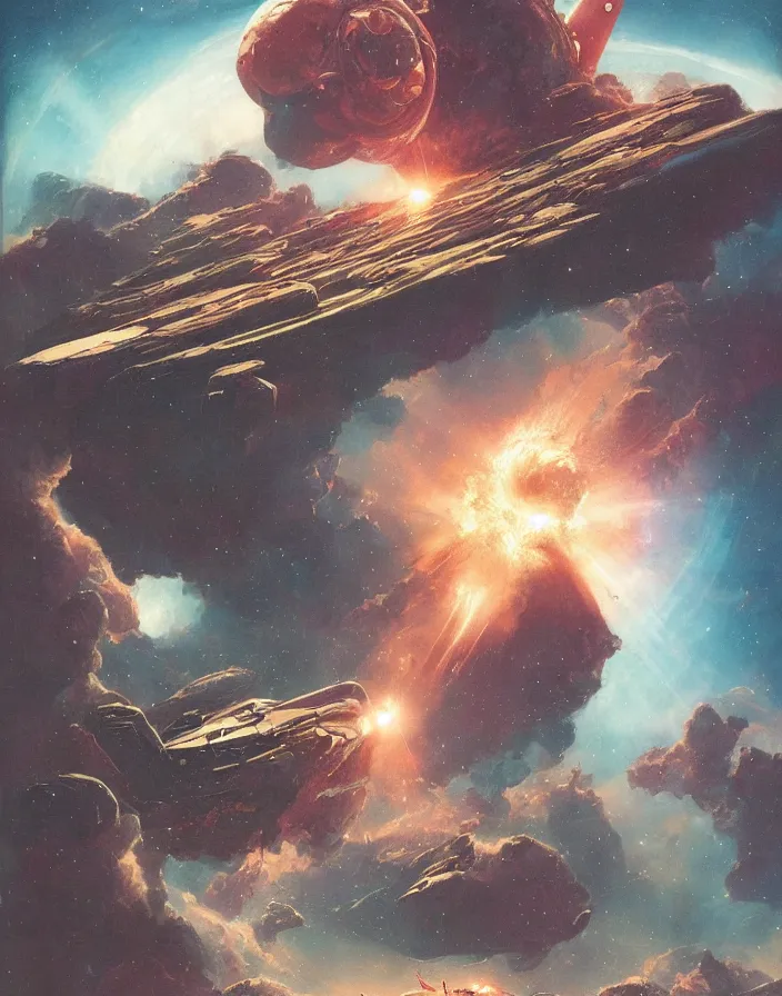 Image similar to vintage sci - fi cover magazine | illustrated by moebius and greg rutkowski, giant spaceship, nebulae, starry sky