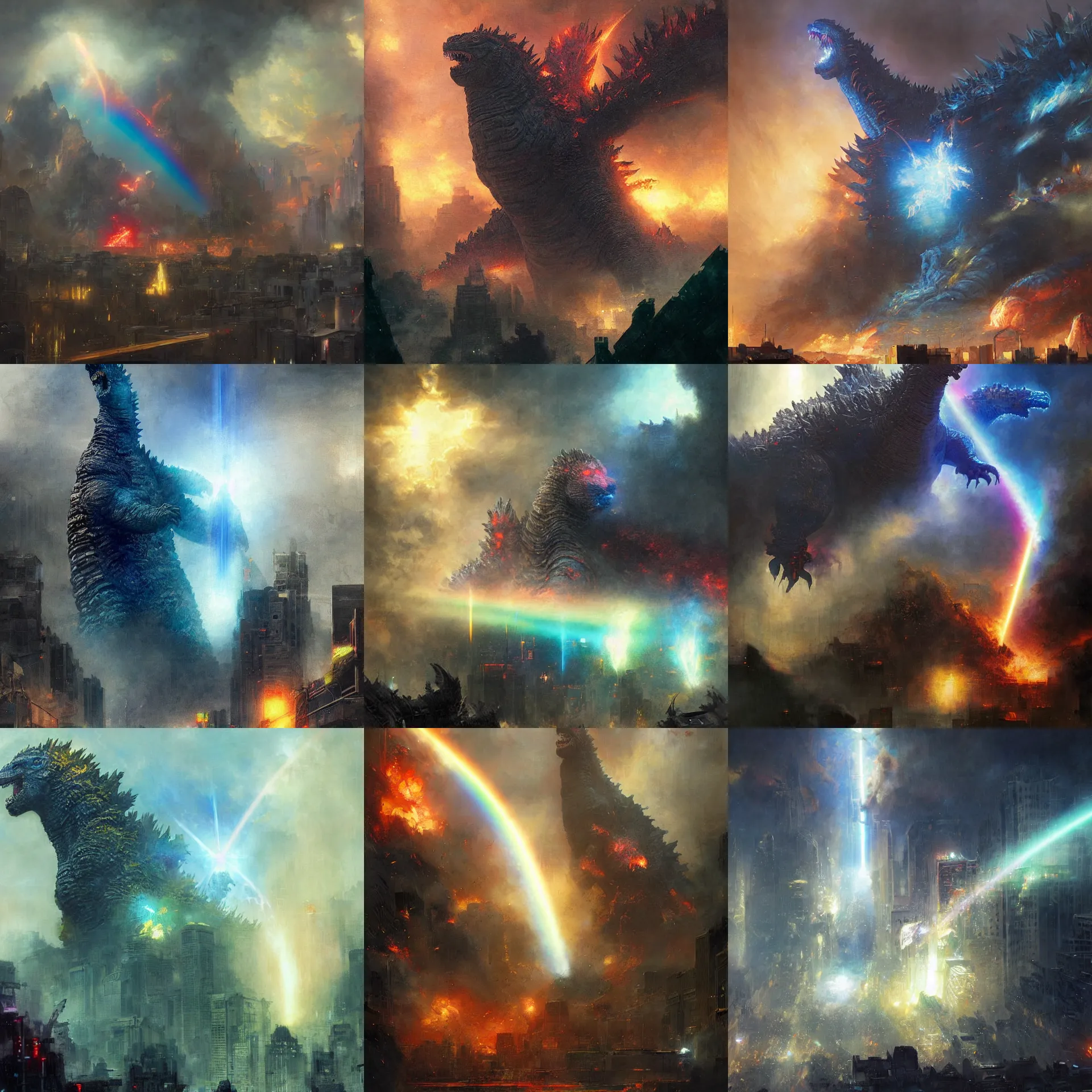 Prompt: digital art painting godzilla destroying a city with a rainbow beam power painted by craig mullins and gaston bussiere and greg rutkowski, dramatic lighting, symmetrical facial features, symmetrical face, defined facial features