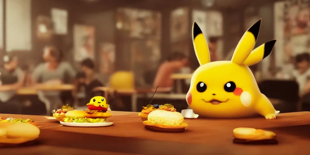 Prompt: a realistic Pikachu eating a hamburger, digital art, close shot, highly detailed, hyperrealistic, photorealistic, unreal engine 5, made by a professional 3d artist, dynamic lighting, trending on artstation, 4k uhd, epic composition