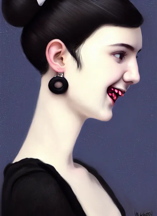 Image similar to portrait of white teenage girl, narrow face, short black hair, bangs, half updo hairstyle, buck teeth, smile, unattractive, defined jawline, long chin, wearing hair bow, earrings, intricate, elegant, glowing lights, highly detailed, digital painting, artstation, sharp focus, illustration, art by wlop, mars ravelo and greg rutkowski