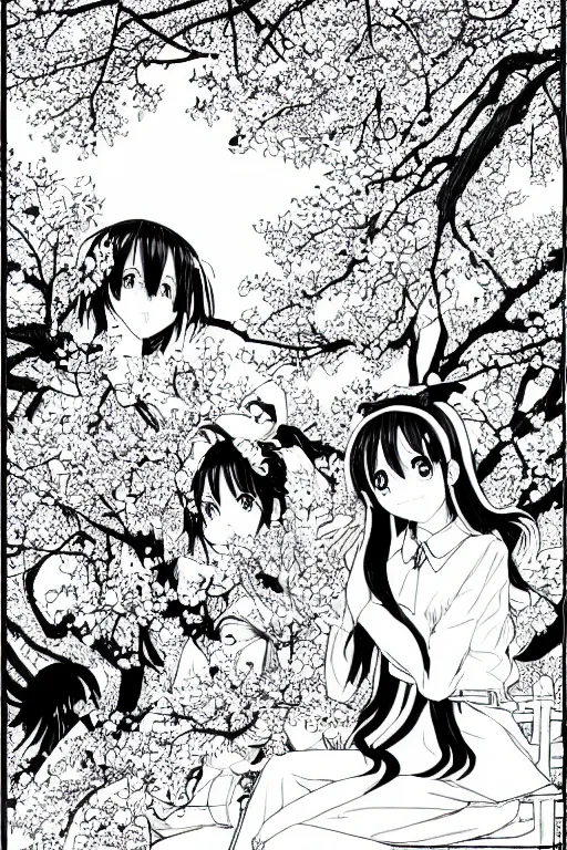 Prompt: black and white manga page, highly detailed pen, shoujo romance, two girls, first girl with long dark hair, second girl with short light hair, sailor uniform, sitting on bench, cherry blossom tree in background with petals floating, drawn by Atsushi Ohkubo