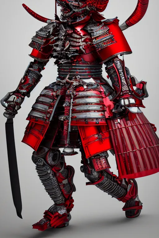 Prompt: photography of a mechanical dragon samurai in red japanese armor taken with Leica M11 , in human form, full body, ultra realistic, octan render