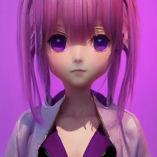 Image similar to portrait of a anime and chibi very cute girl with purple jacket design by antonio mello, xkung work, cyberpunk fashion, character modeling, toy design, substance 3 d painter, blender, mental ray, zbrush, soft vinyl, bio luminescent, maximalist sculpted design portrait, studio photo, 7 0 mm lens, trending in artstation