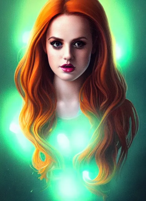 Image similar to full body portrait of teenage cheryl blossom, bangs, green eyes, mischievous expression, red hair, sultry smirk, bangs and wavy hair, 1 9 8 0 s, intricate, elegant, glowing lights, highly detailed, digital painting, artstation, concept art, smooth, sharp focus, illustration, art by wlop, mars ravelo and greg rutkowski