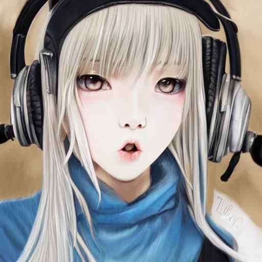 Image similar to realistic detailed semirealism beautiful gorgeous natural cute excited happy Blackpink Lalisa Manoban white hair white cat ears blue eyes, wearing black camisole outfit, headphones, black leather choker artwork drawn full HD 4K high resolution quality artstyle professional artists WLOP, Aztodio, Taejune Kim, Guweiz, Pixiv, Instagram, Artstation