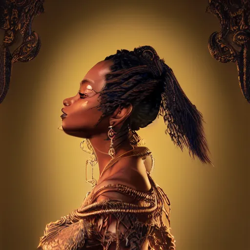 Prompt: the portrait of the absurdly beautiful, graceful, elegant, gorgeous, sophisticated dark - skinned black model goddess, an ultrafine hyperdetailed photograph by kim jung gi, irakli nadar, intricate linework, bright colors, octopath traveler, final fantasy, unreal engine 5 highly rendered, global illumination, radiant light, intricate environment
