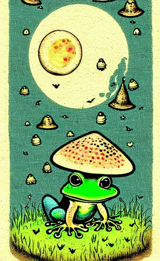 Image similar to cute cottagecore aesthetic frog mushroom moon witchy vintage illustration