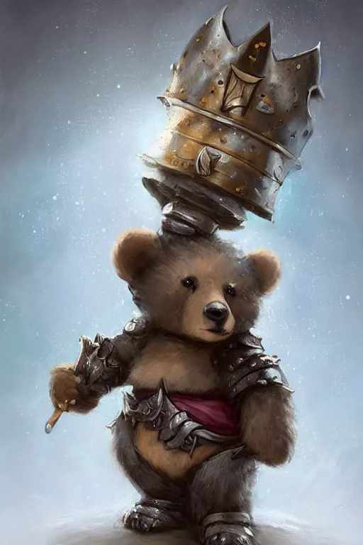 Image similar to cute little anthropomorphic bear knight wearing a cape and a crown, tiny, small, miniature bear, baby animal, short, pale blue armor, cute and adorable, pretty, beautiful, DnD character art portrait, matte fantasy painting, DeviantArt Artstation, by Jason Felix by Steve Argyle by Tyler Jacobson by Peter Mohrbacher, cinematic lighting