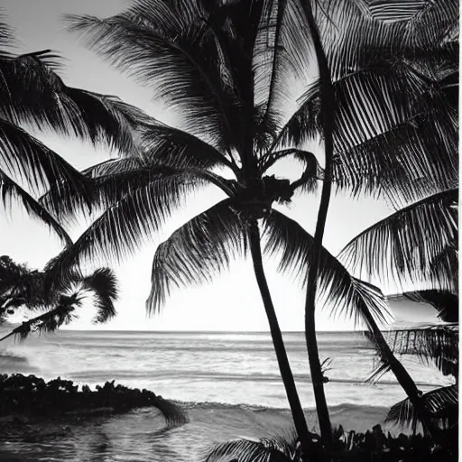 Image similar to miracle musical Hawaii part ii album cover, showing an ocean in the background, spiral transparent stairs on the left with tall palm trees behind it, a slight rainbow in the background, white outline border, moon in the right top area black and white