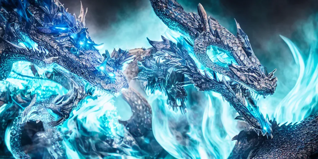 Image similar to a close-up photo of a diamond-scaled dragon breathing bluish fire, award-winning photography, dramatic lights, 8K UHD