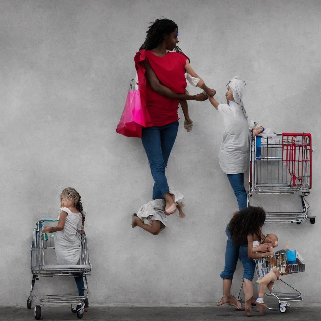 Image similar to a homeless mother and child holding hands and pushing a shopping cart in front of a blank wall, hyperrealistic