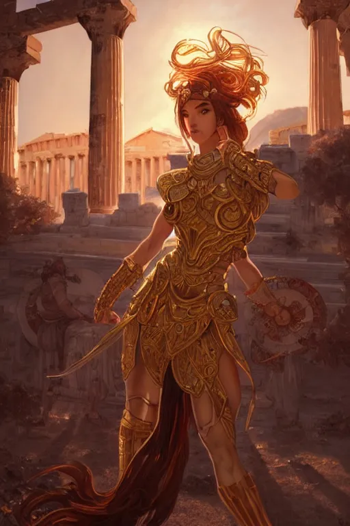 Image similar to portrait knights of zodiac girl, golden and copper shining armor, karate pose, in ruined agora of athens sunrise, ssci - fi and fantasy, intricate and very very beautiful and elegant, highly detailed, digital painting, artstation, concept art, smooth and sharp focus, illustration, art by tian zi and wlop and alphonse mucha