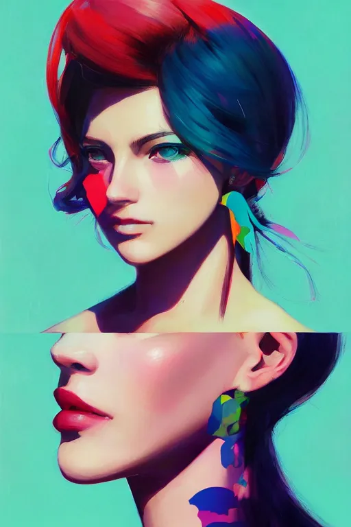 Image similar to A ultradetailed beautiful panting of a stylish woman looking at the camera, she has colorful stickers on her face, bright sunny day, Oil painting, by Ilya Kuvshinov, Greg Rutkowski and Makoto Shinkai