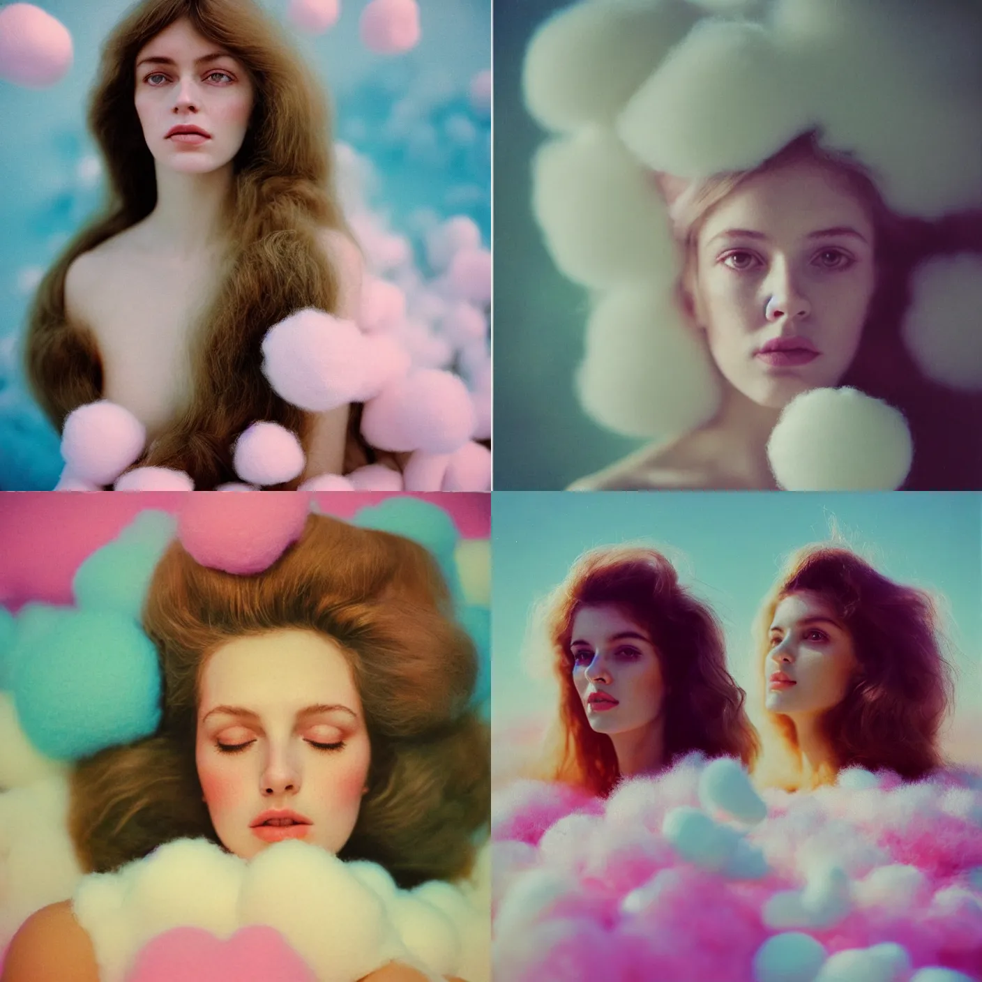 Prompt: A vintage analog head and shoulder frontal face portrait photography of a beautiful woman surrounded by thousand fluffy soft giant oversized pastel colorful cotton balls all around by Neil Krug. Long hair. Vogue. Closed eyes. Kodak Portra 800 film. shallow depth of field. (Depth of field). whirl bokeh!!. Golden hour. detailed. hq. realistic. warm light. muted colors. Filmic. Dreamy. lens flare. Mamiya 7ii, f/1.2, symmetrical balance, in-frame