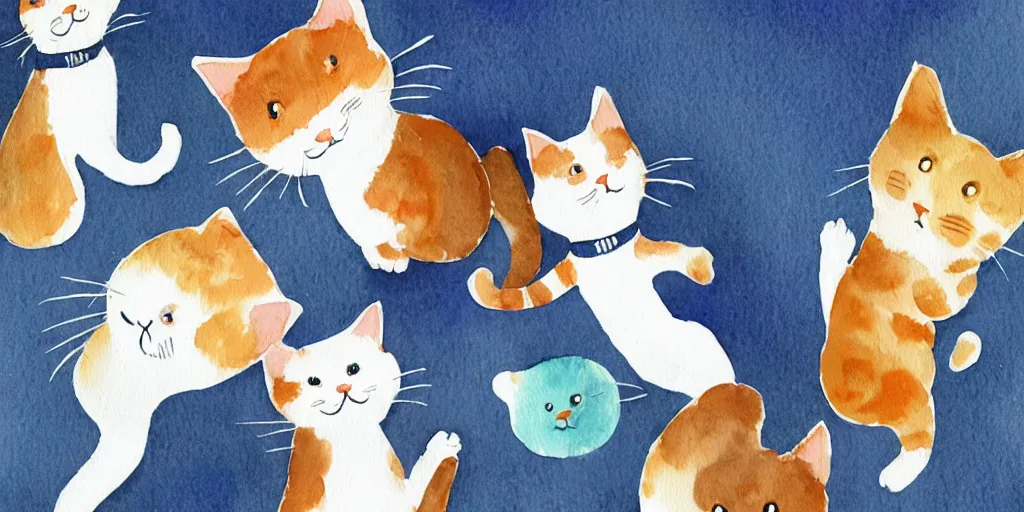 Prompt: watercolor illustration style, cute! cats!! training!