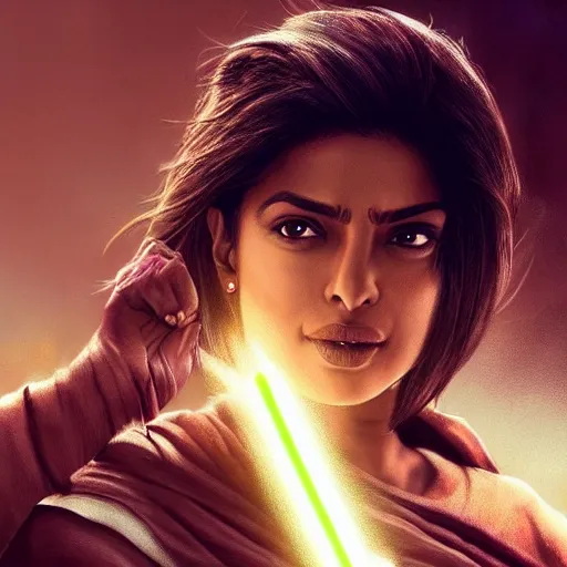 Image similar to priyanka chopra as a jedi master in brown robe, style of Raymond Swanland, cinematic, artstation