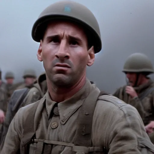 Image similar to Lionel Messi in Saving Private Ryan, cinematic, sharp focus, movie still, atmospheric, 8k,