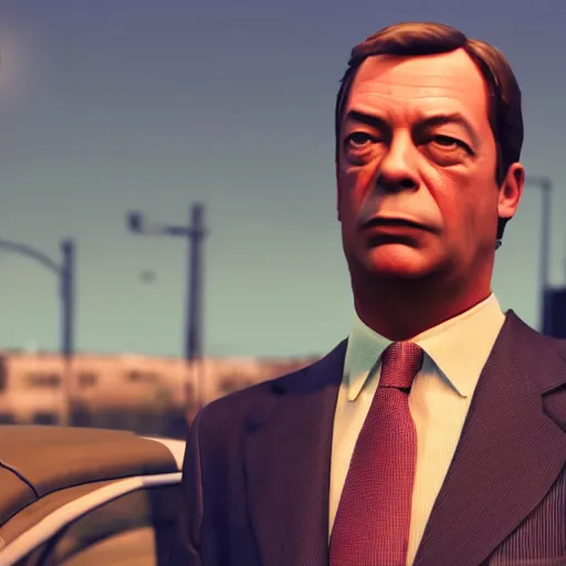 Image similar to nigel farage in gta 5, splash art, movie still, cinematic lighting, dramatic, octane render, long lens, shallow depth of field, bokeh, anamorphic lens flare, 8 k, hyper detailed, 3 5 mm film grain