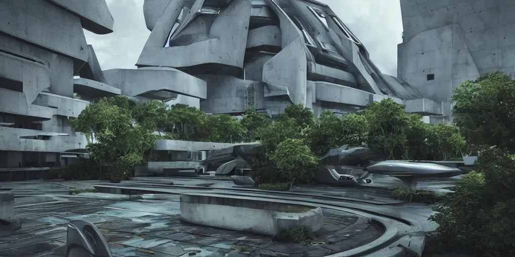 Image similar to futuristic spaceship, on the background brutalist architecture by Le Corbusier, abandoned buildings, empty streetscapes, surrounded by lush green vegetation, ground-level view, puddles of water, stunning volumetric lighting, sunset, trending on Artstation, 8k, photorealistic, hyper detailed, unreal engine 5, cinematic, epic lighting, cryengine, octane render, cyberpunk, red and orange glow, dark, gloomy