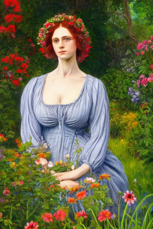 Image similar to beautiful painting of a woman in garden, in the style of the pre - raphaelites, sharp focus, global illumination, highly detailed, masterpiece, award winning, post processing