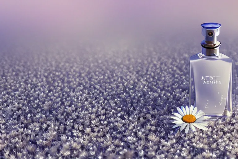 Prompt: perfume bottle buried frosted daisy flowers, dramatic, mid day, sand dune background, large scale, hyperrealistic, lots of detail, realistic lighting, octane render, by wlop, artgerm, trending on artstation
