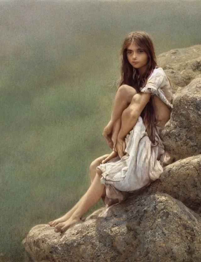 Image similar to peasant barefoot girl with long blowing windy hair sitting on the edge of rock, cottage core, cinematic focus, polaroid photo bleached vintage pastel colors high - key lighting, soft lights, foggy, by steve hanks, by lisa yuskavage, by serov valentin, by tarkovsky, 8 k render, detailed, oil on canvas