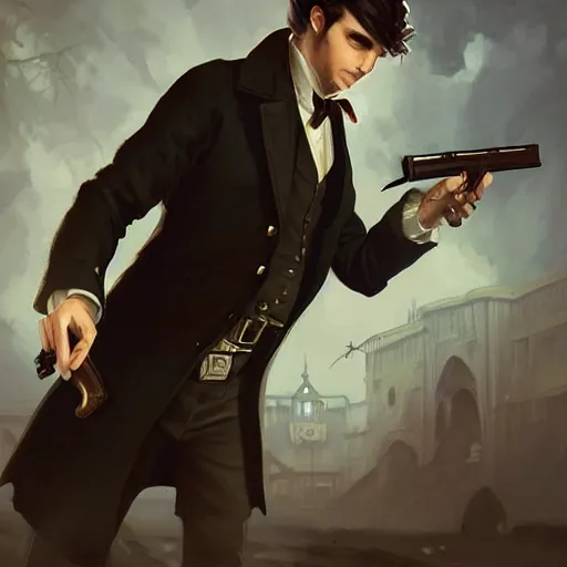 Prompt: a victorian doctor with a gun, young man, vampire, dark brown duster, short brown hair, brooding, character art, full body art, Dungeons and Dragons, D&D, trending on artstation, artgerm, 4k ultra hd, sharp focus, digital art by Ilya Kuvshinov and Ross Tran,