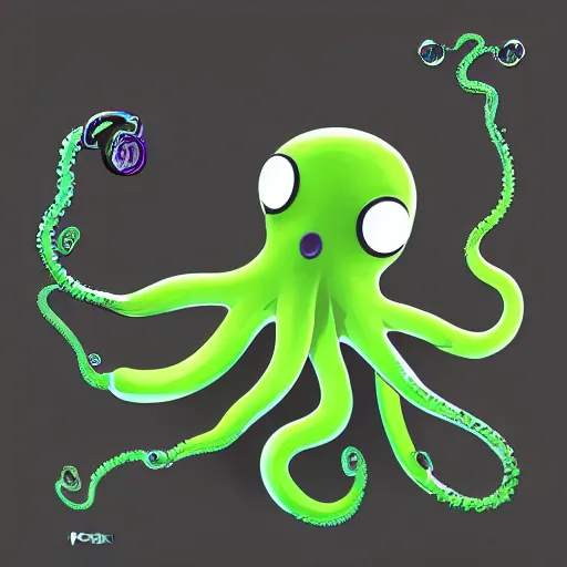 Image similar to an acqua green little octopus playing videogames, with various joypads in his tentacles, he is wearing a pair of headphones, black background, digital drawing, photoshop, high definition, good shading, artstation contest winner, octane render