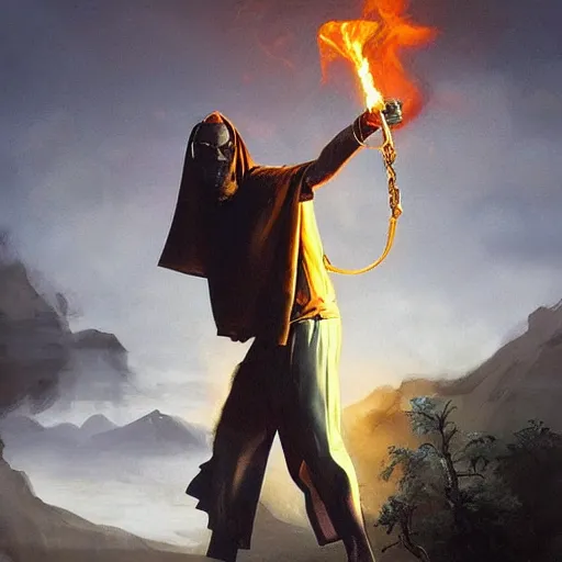 Image similar to Snoop dog wearing a cape in the ruins of the temple of old gods holding a torch in a defensive way, featured on artstation, dramatic, cinematic chiaroscuro, contrast light, digital art by Leyendecker and Norman Rockwell