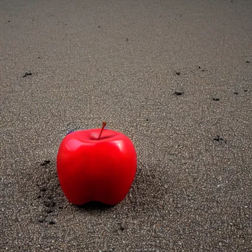 Image similar to A plastic apple in a exposure room exploding into thousands of grey sand pieces flying in all directions, the grey sand pieces leave a gray sand trail, 40nm lens, shallow depth of field, split lighting, 4k,