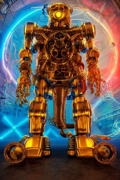 Image similar to portrait photo of a giant huge golden and blue metal steampunk robot with gears and tubes, robot is made of vaccuumcleaner, on the wet floor are mop and bucket, eyes are glowing red lightbulbs, shiny crisp finish, 3 d render, 8 k, insaneley detailed, fluorescent colors, background is multicolored lasershow