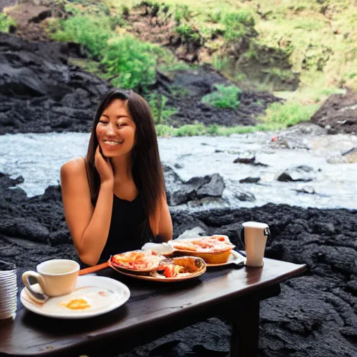 Prompt: a DSLR of a woman having breakfast next to a river of Lava, 4K