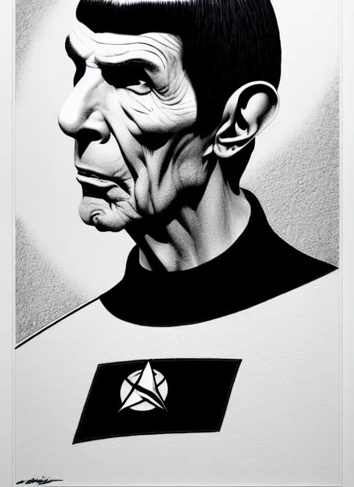 Prompt: leonard nimoy as spock, extremely detailed, bold line art, by vincent di fate and joe fenton and artgerm, inking, etching, screen print, masterpiece, trending on artstation, sharp, high contrast, hyper realistic, hd, 4 k, 8 k