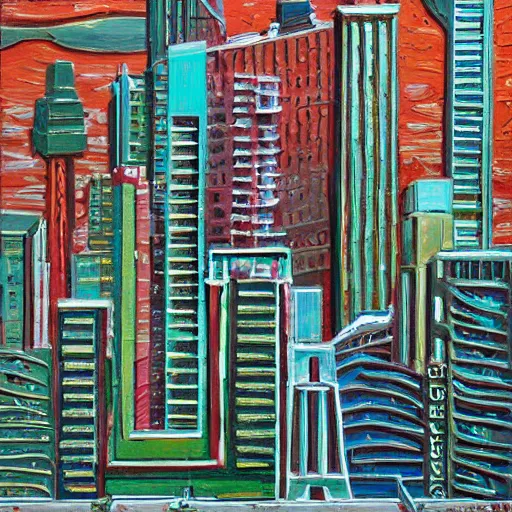 Image similar to by neil welliver lively. sculpture. a cityscape. the different colors & shapes represent different parts of the city.